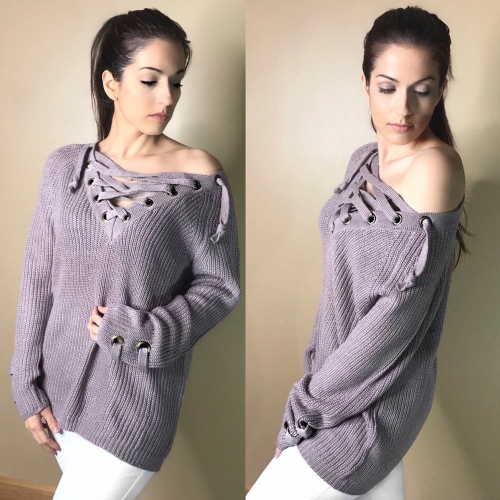 Dusty Mauve Lace Up Sweater - Picture 2 of 4
